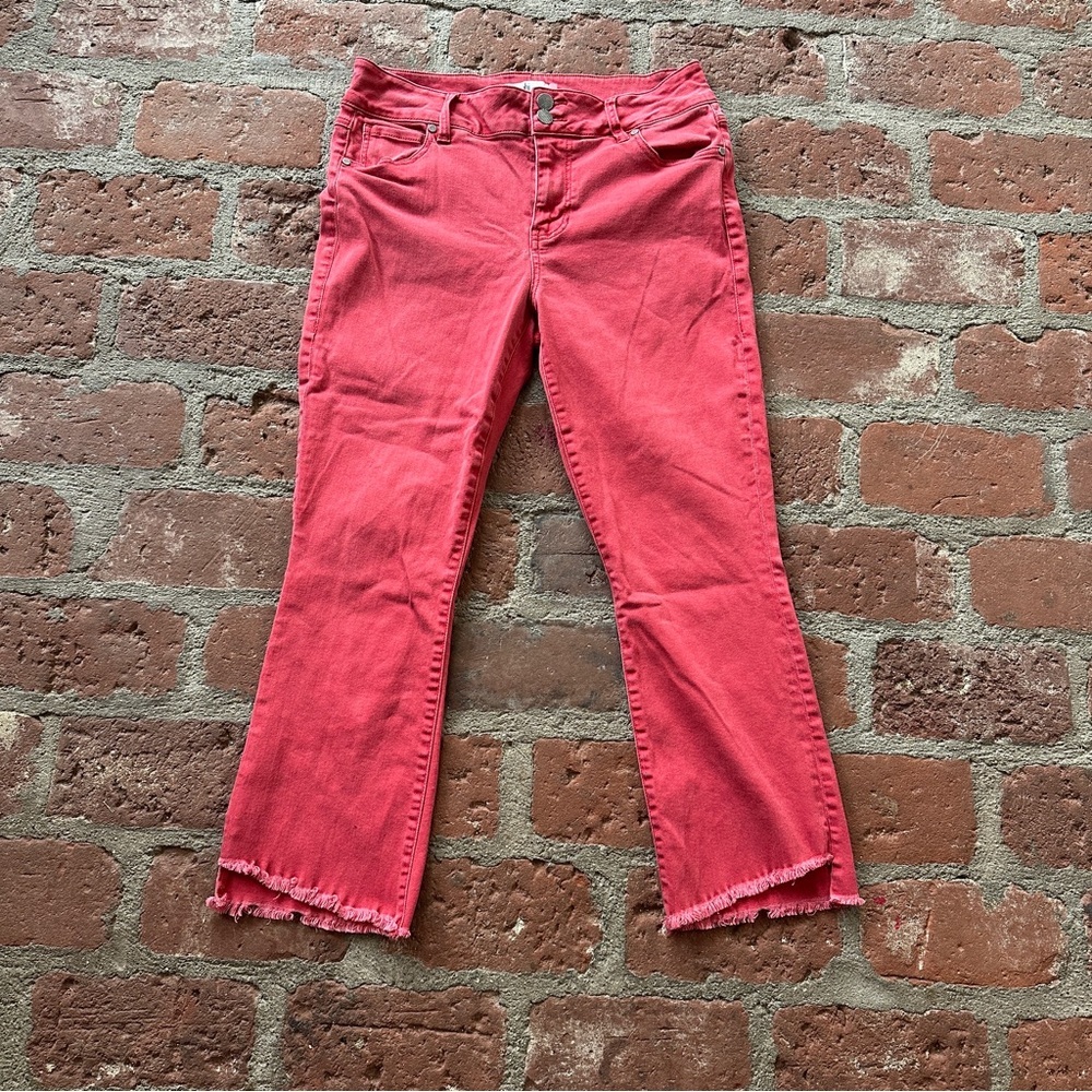 CAbi Red Flare Wide Leg Vivien Hi Low Crop Jeans Moulin Rouge Red Size 10